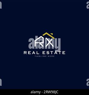 modern RX letter real estate logo in linear style with simple roof building in blue Stock Vector