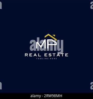 modern MP letter real estate logo in linear style with simple roof building in blue Stock Vector