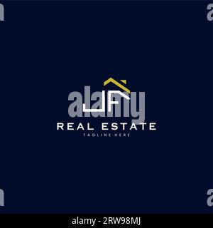 modern JF letter real estate logo in linear style with simple roof building in blue Stock Vector