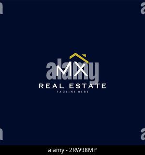modern MX letter real estate logo in linear style with simple roof building in blue Stock Vector