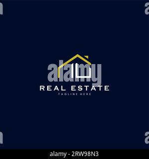modern IU letter real estate logo in linear style with simple roof building in blue Stock Vector
