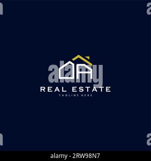 modern OA letter real estate logo in linear style with simple roof building in blue Stock Vector