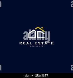 modern OC letter real estate logo in linear style with simple roof building in blue Stock Vector