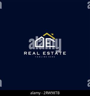 modern OE letter real estate logo in linear style with simple roof building in blue Stock Vector