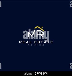 modern MR letter real estate logo in linear style with simple roof building in blue Stock Vector