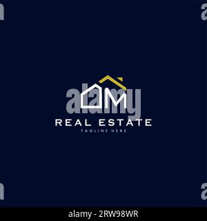 modern OM letter real estate logo in linear style with simple roof building in blue Stock Vector