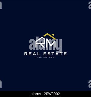 modern RM letter real estate logo in linear style with simple roof building in blue Stock Vector