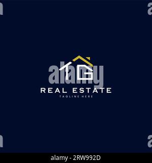 modern TG letter real estate logo in linear style with simple roof building in blue Stock Vector