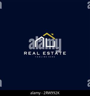 modern NU letter real estate logo in linear style with simple roof building in blue Stock Vector