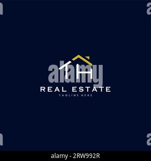 modern TH letter real estate logo in linear style with simple roof building in blue Stock Vector