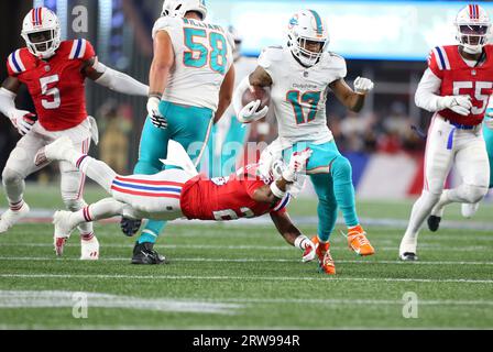 New England Patriots cornerback Marcus Jones (25) lines up for a play  during an NFL football