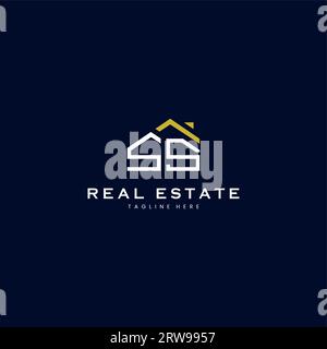modern SS letter real estate logo in linear style with simple roof building in blue Stock Vector