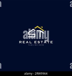 modern ST letter real estate logo in linear style with simple roof building in blue Stock Vector