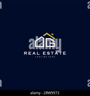 modern OG letter real estate logo in linear style with simple roof building in blue Stock Vector