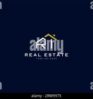 modern RI letter real estate logo in linear style with simple roof building in blue Stock Vector