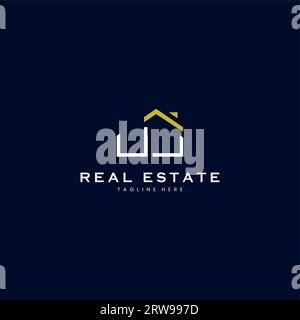 modern UJ letter real estate logo in linear style with simple roof building in blue Stock Vector
