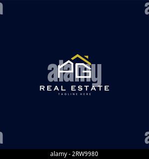modern PG letter real estate logo in linear style with simple roof building in blue Stock Vector