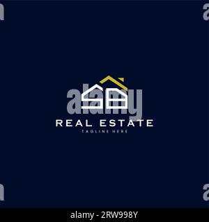modern SB letter real estate logo in linear style with simple roof building in blue Stock Vector