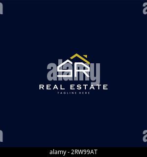 modern SR letter real estate logo in linear style with simple roof building in blue Stock Vector