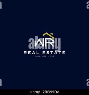 modern WR letter real estate logo in linear style with simple roof building in blue Stock Vector