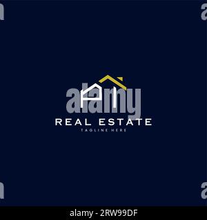 modern PI letter real estate logo in linear style with simple roof building in blue Stock Vector