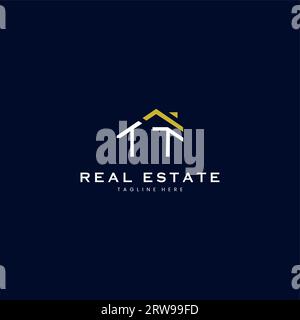 modern TT letter real estate logo in linear style with simple roof building in blue Stock Vector