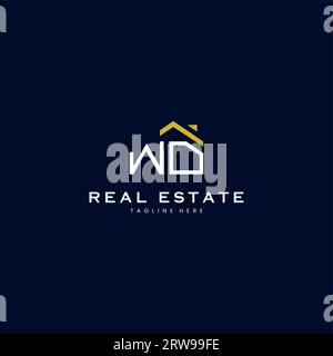 modern WD letter real estate logo in linear style with simple roof building in blue Stock Vector