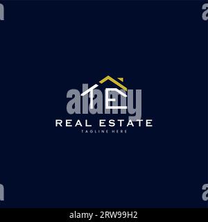 modern TE letter real estate logo in linear style with simple roof building in blue Stock Vector