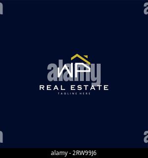 modern WP letter real estate logo in linear style with simple roof building in blue Stock Vector