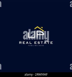 modern UP letter real estate logo in linear style with simple roof building in blue Stock Vector