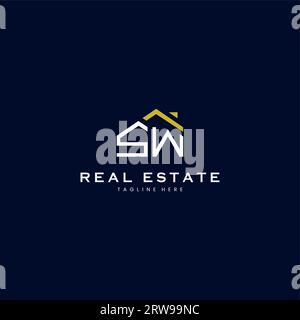 modern SW letter real estate logo in linear style with simple roof building in blue Stock Vector