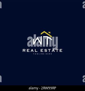 modern WT letter real estate logo in linear style with simple roof building in blue Stock Vector