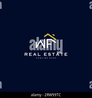 modern WF letter real estate logo in linear style with simple roof building in blue Stock Vector