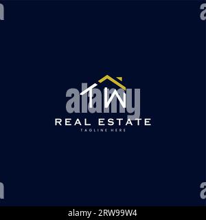 modern TW letter real estate logo in linear style with simple roof building in blue Stock Vector