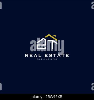 modern ZT letter real estate logo in linear style with simple roof building in blue Stock Vector