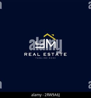 modern YM letter real estate logo in linear style with simple roof building in blue Stock Vector