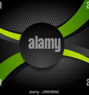 Abstract green waves and black circle on dark perforated metallic texture. Vector geometric background Stock Vector