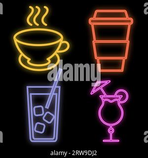 Set of bright luminous multi-colored neon signs for a cafe restaurant bar beautiful shiny with cocktails and drinks tea coffee on a black background. Stock Vector