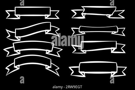 A set of eight white different ribbons of signage labels of labels of labels in different styles on a black background. Vector illustration. Stock Vector