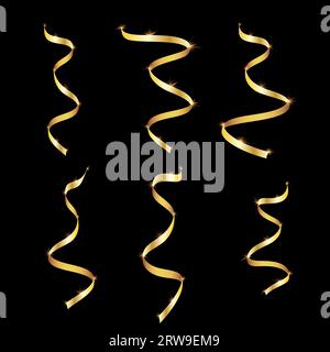 Set of beautiful different festive golden yellow expensive luxury elegant gift wavy vip shiny volume ribbons lines, serpentine for the new year, Chris Stock Vector