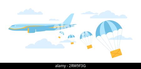 Air mail. Parachuted envelopes flying down from airplane. Aerial express delivery service. Sending letters. Messages in sky clouds. Shipping aircraft Stock Vector