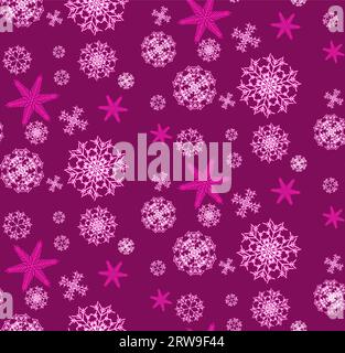 The pattern is seamless from beautiful, Christmas, carved, New Year's, festive unique pink and purple snowflakes of different shapes and sizes on a pu Stock Vector