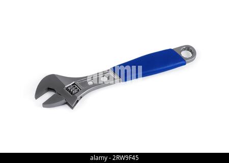 Blue adjustable wrench. Close-up. Isolated on white background. Stock Photo