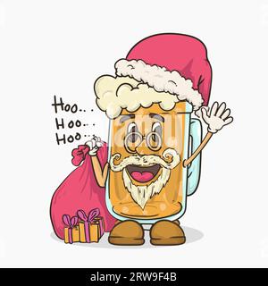 beer glass with face mascot  wear santa claus costume for christmas party vector illustration Stock Vector
