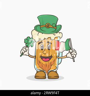 beer glass with face mascot holding shamrock lucky leaf for st pattricksday celebration vector illustration Stock Vector
