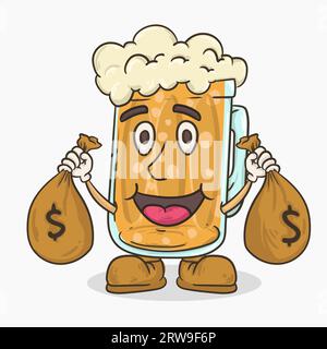 richman beer glass with face mascot holding money bag vector illustration Stock Vector