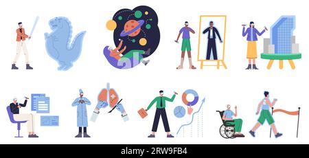 Cartoon people in augmented reality. Digital generation. Scientists, engineers and gamers in virtual glasses. Innovation technology for playing and Stock Vector