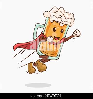 super beer glass with kawaii cute face mascot flying vector illustration Stock Vector