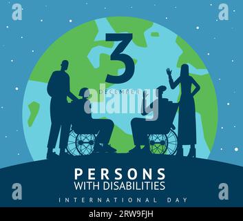 International Day card. Persons with medical disabilities poster. People silhouettes in wheelchairs on globe background. World accessibility for Stock Vector