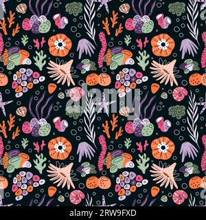 Seashell seamless pattern. Tropical marine elements. Reef corals. Algae and starfish. Beach shells. Underwater air bubbles. Aquatic mollusk. Undersea Stock Vector